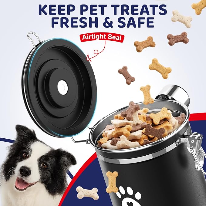 ENONCI Dog Treat Container Airtight,5.9"x4.7" Stainless Steel Cat Treat Jar for Kitchen Counter with Scoop, Pet Storage for Fresh Dog Cookie