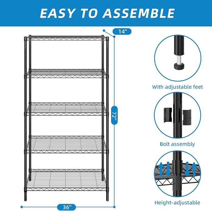 Guan River 5-Shelf Adjustable Metal Wire Shelving,Black,36"L x 14"W x 72"H | Height Adjustable,Sturdy and Durable,Storage Sehlf Display Rack for Office,Kitchen,Bedroom,Bathroom,Garage