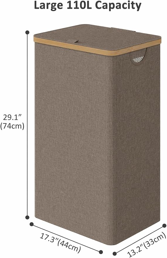 IEGrow Laundry Hamper with Lid,110L Laundry Basket with Mesh Bag,Brown | Dirty Clothes Hamper Basket with Bamboo Handle for Clothes Towels Organization