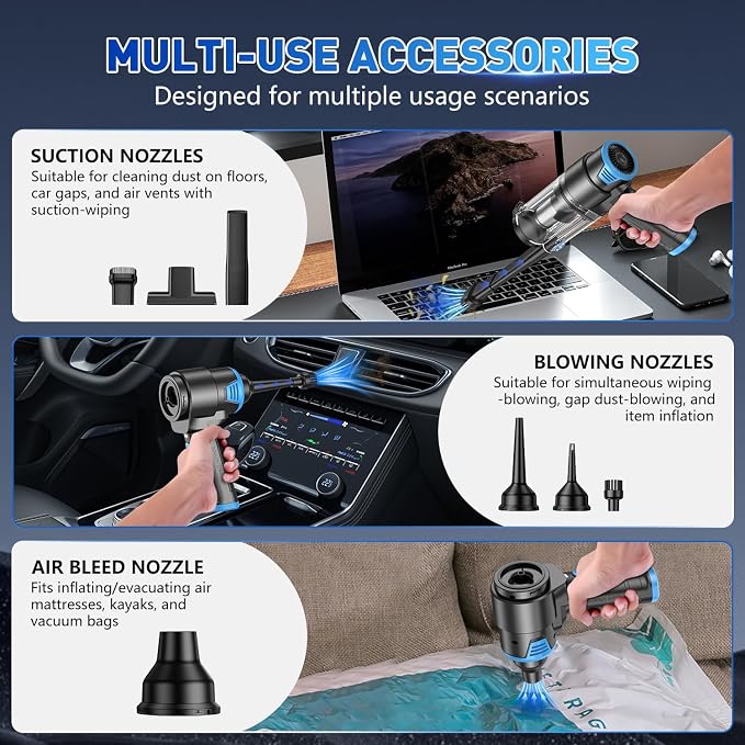 KMM Handheld Car Vacuum Cleaner, 16000PA Air Duster & Hand Held Vacuum | 120W High Power, Cordless, Portable, Rechargeable with Multi-Nozzles & LED Light for Home, Car, Office, Pet