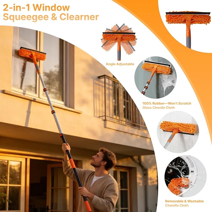 20ft High Ceiling Duster Kit, 4-12ft Heavy-Duty Extension Pole, Long Handle | Ceiling Fan Duster, Cobweb Duster, Microfiber Duster, Window Squeegee & Cleaner, Wall Duster for High Reach Cleaning, 11Pcs