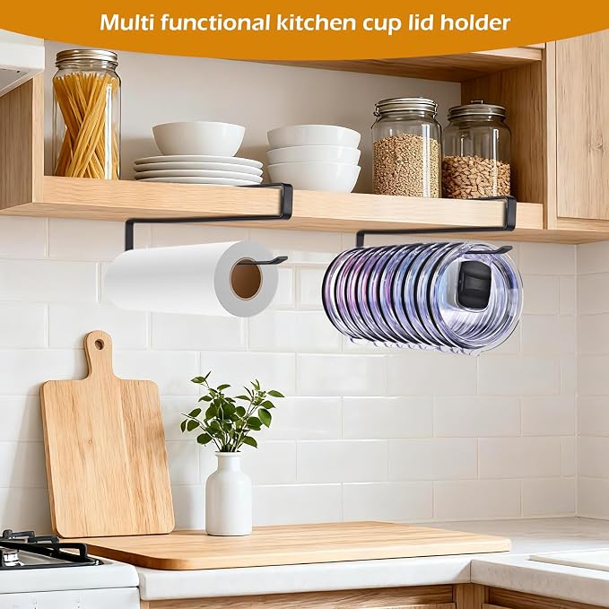 4Pack Tumbler Lid Organizer, Kitchen Space-Saving Cup Holder, Organizers for Under Cabinet Storage, No Glue or Drilling Required (Black)