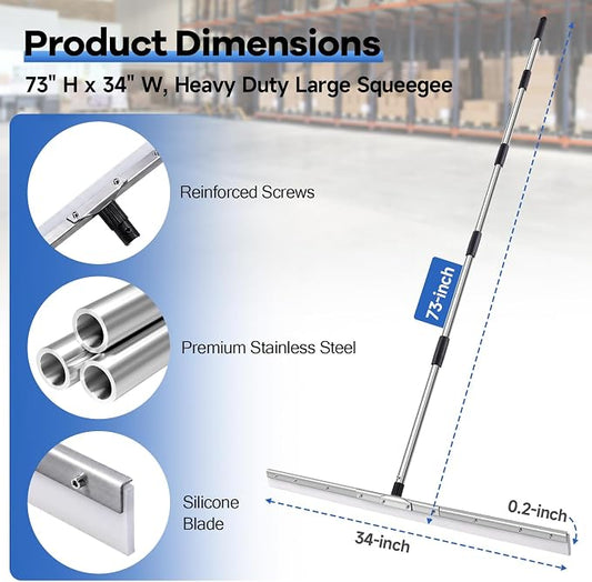 34" Commercial Large Floor Squeegee with 73" Handle for Concrete Tile Floor | Heavy Duty Squeegee for Floor, 0.2" Thick Rubber Squeegee Broom, Adjustable Long Water Squeegee for Garage, Warehouse