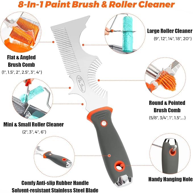 8-in-1 Paint Brush Comb and Paint Roller Cleaner Tool | Solvent-Resistant Stainless Steel Teeth, Easy Grip Rubber Handle, Putty Scraper, Small, Large Paintbrush & Roller Cleaning