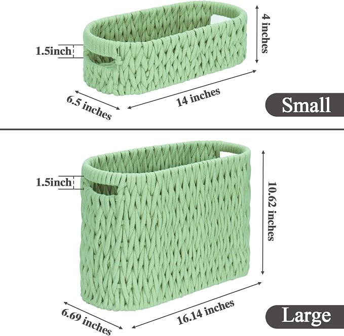 Boho Toilet Paper Storage Baskets, Cotton Rope Woven Bathroom Basket Set of 2, Standing Toilet Paper Holder for 6 Mega Rolls,Storage Bins for Toilet Tank Top, Bathroom Organizer Decor (Green 2 Pack)