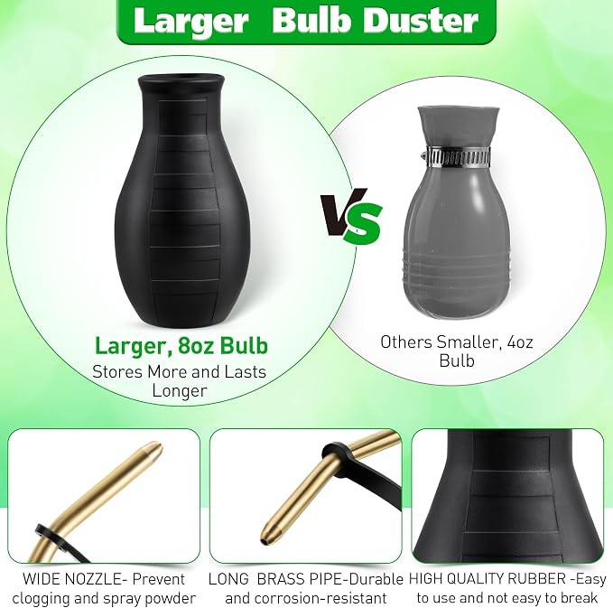 2 Pack Diatomaceous Earth Powder Duster, 8OZ Garden Powder Applicator Dispenser with Long Metal Tube, Bulb Duster Sprayer for Home Organic Gardening Agricultural Supply(Black) | 8OZ bulb duster. Rust-resistant brass/aluminum tube. Smooth upward dischar...