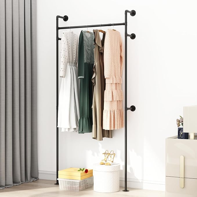 Industrial Pipe Clothing Rack, Heavy Duty Clothes Rack for Hanging Clothes, Wall Mounted Display Garment Rack for Home Retail Boutique (Single, Black)