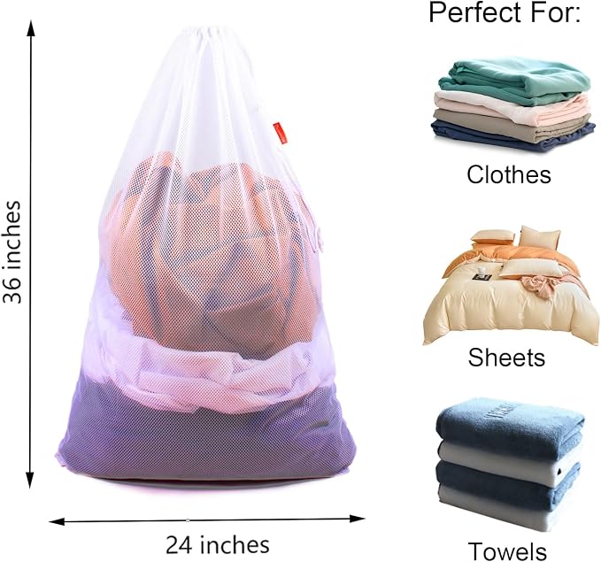 2 Pack Mesh Laundry Bags, 24 x 36 Inches Heavy Duty Drawstring Bag, Factories, College, Dorm, Travel and Apartment Dwellers, White