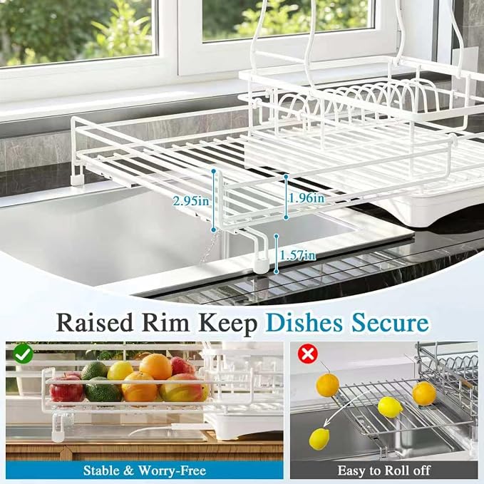 2 Tier Dish Drying Rack, Large Extendable Dish Racks for Kitchen Counter , Dishrack with Drainboard, 2-in-1 Anti-Rust Stainless Steel Dish Drainer with Utensil Holder (White, double of Dish Rack)