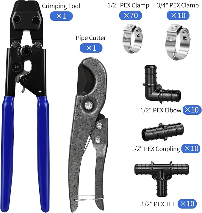 PEX Cinch Clamp Tool Kit, 3/8" to 1" PEX Pipe Clamp Cinch Tool Set | with 30 pcs 1/2" PPSU PEX Fittings Combo, 1pcs Pipe Cutter, 70 pcs 1/2" PEX Cinch Clamps, 10pcs 3/4" PEX Cinch Clamps