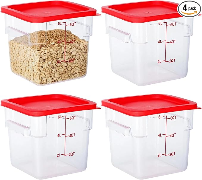BIEAMA 4 Pack Food Storage Containers, 6 Quart with Lids, Square Commercial Containers with Scale, NSF, Polycarbonate, Clear