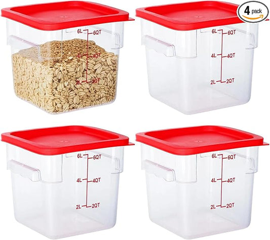 BIEAMA 4 Pack Food Storage Containers, 6 Quart with Lids, Square Commercial Containers with Scale, NSF, Polycarbonate, Clear