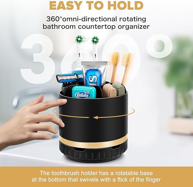 GFWARE Bathroom Organizer Countertop - Rotating Black Toothbrush Holder for Bathroom Accessories Organization Detachable 6 Slots Bathroom Sink Storage Caddy Vanity Organizer