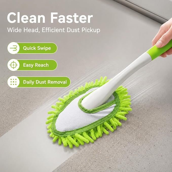 Microfiber Duster for Cleaning, Hand Washable Dusters with 4 pcs Replaceable Microfiber Head,Wet and Dry Use, Detachable Cleaning Supplies for Office, Car, Window, Furniture, Wall