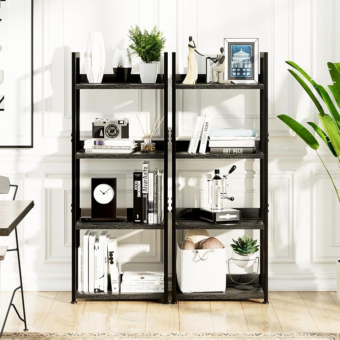 NUMENN Narrow Bookshelf, 4 Tier Freestanding Shelving Unit, Black | Small Book Shelf for Small Spaces, Metal Frame & Wood Shelves, Falling Prevention Baffle, Bookcase for Bedroom&Home Office