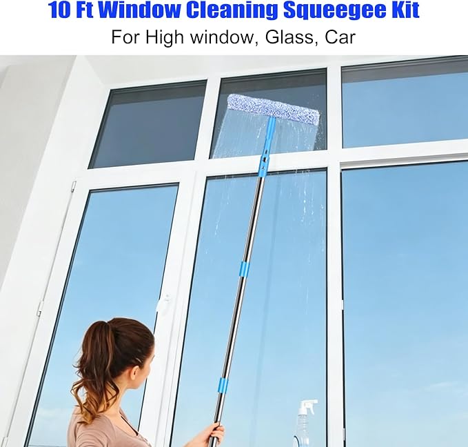 10 Feet Professional Squeegee Window Cleaner Tool with Extension Pole | Car Windshield Cleaning Kit with Long Handle, Queegee & Scrubber, Window Washing Equipment for Indoor Outdoor Windows & Glass