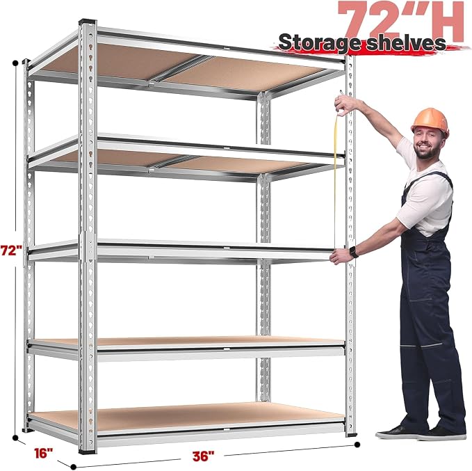 REIBII 2020LBS Garage Shelving Heavy Duty Metal Shelving 5 Tier Storage Shelves, Garage Shelves for Basement, Warehouse, Pantry, Closet, Kitchen, 72" H x 36" W x 16" D, Galvanized, 4 Pack