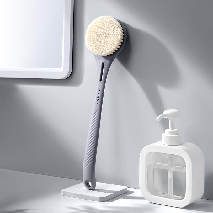 Back Scrubber for Shower for Men Women, Body Brush with Long Handle, Exfoliating Bath Washer with Soft Bristles, Body Exfoliator for Wet or Dry Brushing, Back Scrub Deep Cleaning, Gray