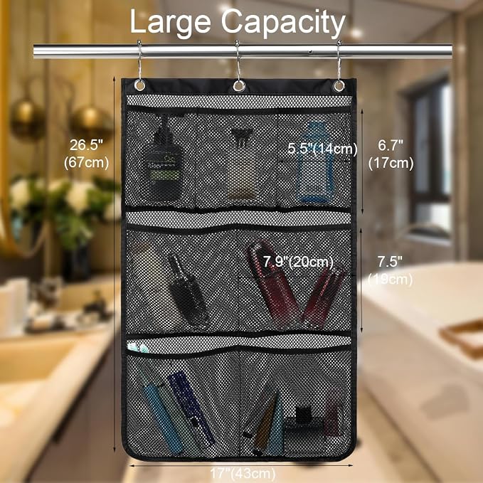 GYEUKHAM Mesh Shower Caddy Hanging Organizer with 7 Pockets and Hooks, Portable Quick Dry Bathroom Storage for College Dorm, Cruise, RV, Gym, Travel Toiletry Bag, Black, 1 Pack