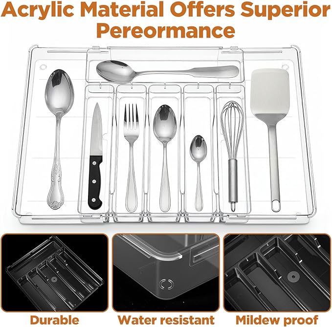 Expandable Utensil Drawer Organizer, Clear Plastic Silverware Tray for Drawers 9 Compartments Adjustable Non-Slip Drawer Storage Organizer for Tableware Knives Forks Spoons Tools Stationery