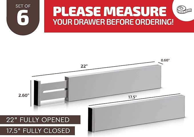 Bambüsi Bamboo Drawer Dividers 6 Pack - Deep Drawer Organizer, Adjustable 16 to 22 Inch Expandable Dividers, 2.6 Inch High Wood Separators for Kitchen, Clothes, Bedroom, Bathroom, Office - Grey