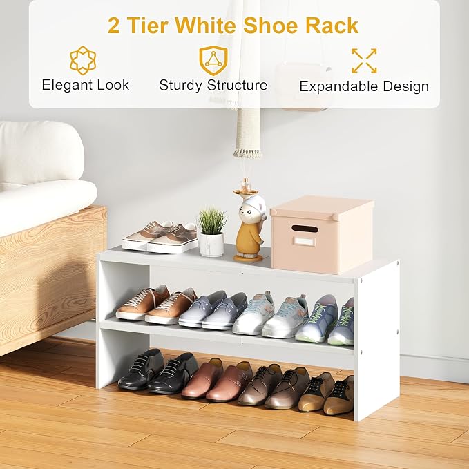 2 Pack White Shoe Rack for Closet, 2-Tier Expandable Small Shoe Shelf, Stackable Iron Wood Combination Shoe Organizer Racks Shelves for Closets, Entryway, Hallway, Garage, Holds 12-24 Pairs