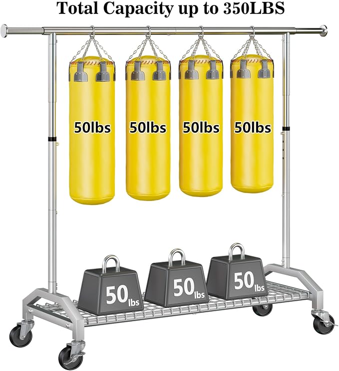 Wiracks Clothes Rack for Hanging Clothes 350lbs Heavy Duty Clothing Rack 51 to 71" W x 16.53" D x 65" to 71" H Adjustable Rolling Clothes Rack Coat Rack Garment Rack 3" industrial Wheels Silver