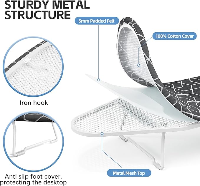 Small Ironing Board Tabletop with Heat Resistant Cover, Compact Mini Ironing Board with Metal mesh Frame,for Dorm,Apartment and Travel, Hook for Hanging, Iron Board 12x30, Iron Table Stand Dark Gray