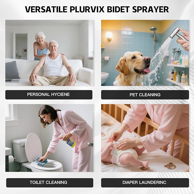 Handheld Toilet Bidet Sprayer — Adjustable Water Pressure, with Hose, Feminine & Pet Wash Kit, Bathroom Hygiene Attachment for Cloth Diaper Cleaning (Quick Install, Stainless Steel)