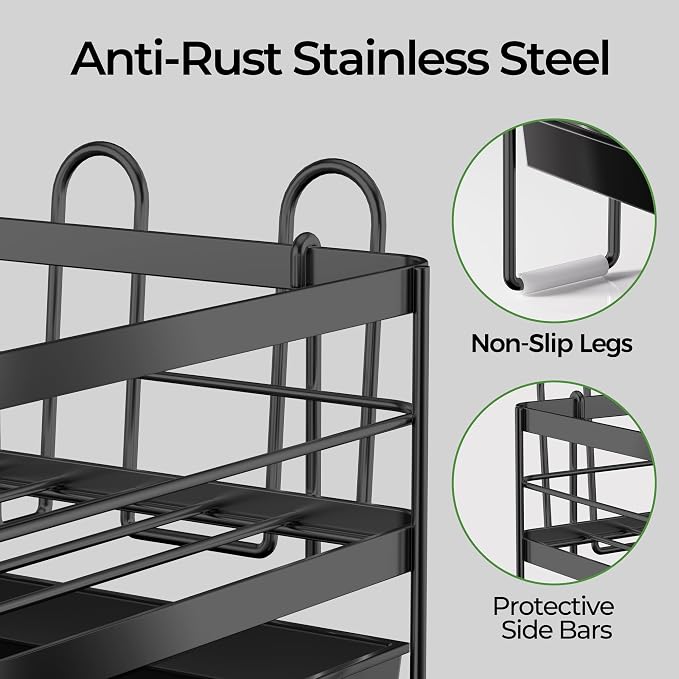 Large Dish Drying Rack, Expandable Dish Rack, Stainless Steel Dish Racks for Kitchen Counter, Multifunctional Dish Drainer with Utensil & Cup Holder, 13.4"-28.7" L x 11.8" W, Black