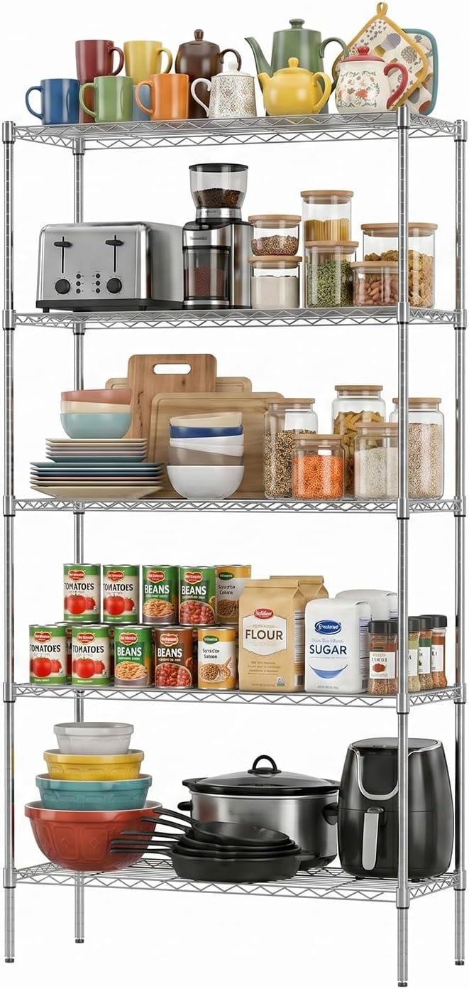 FDW 14" D×36" W×72" H Wire Shelving Unit Metal Shelf with 5 Tier Adjustable Layer Rack Commercial Strong Steel for Restaurant Garage Pantry Kitchen，Chrome