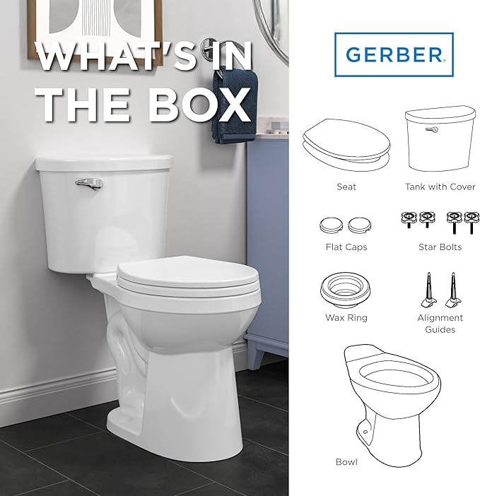 Gerber Maxwell Crest Two-Piece Toilet Round with 12-in Rough-in, ADA-Compliant Chair Height, High Efficiency 1.28 GPF, Soft-Close Seat and Install Kit with Wax Ring Included, White, GRS48320