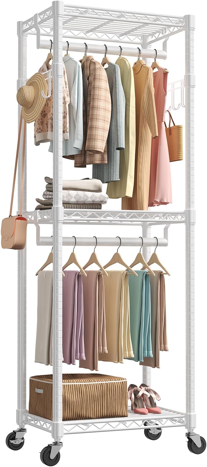 NEWBULIG Heavy Duty Clothing Rack with Wheels, 3-Tier Adjustable Wire Garment Rack, Metal Freestanding Closet Organizer System with Double Hanging Rods & 8 Side Hooks, 23" x 15" x 75", White