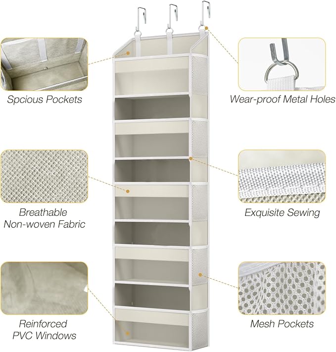 Over the Door Organizer with 5 Front & 10 Mesh Side Pockets, Versatile 5 Shelf Hanging Door Organizer 50lb Capacity Extra Large Storage Space-Saving with 3 Hook for Closet, Kitchen, Pantry, Beige