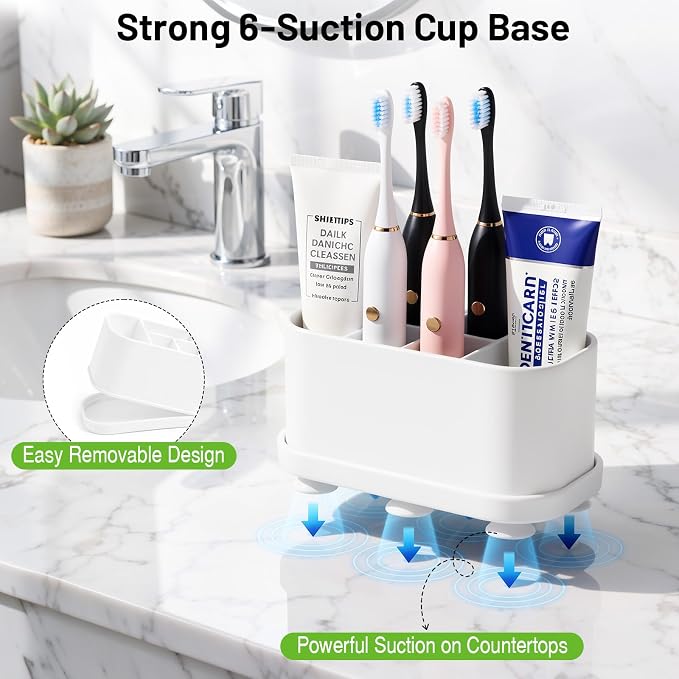 Luxspire Toothbrush Holders for Bathrooms, Silicone, 5 Slots, White | Toothbrush Organizer with Suction Cup Tray, Toothbrush Holder with Drainage for Bathroom Countertop