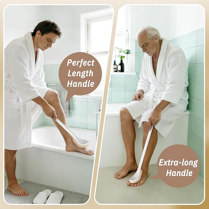 Foot Brush & Back Scrubber Set, 27.5'' Adjustable Foot Scrubber for Shower, 18.9'' Shower Back Scrubber with 3-Length Usage, Great Aid for People with Limited Mobility(White Set)