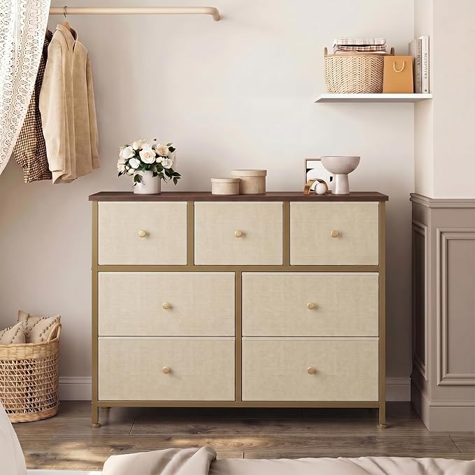 OLIXIS 7 Drawer Closet Organizer, Storage Tower with Sturdy Steel Frame | Dresser for Bedroom, Wooden Top & Easy Pull Fabric Bins, Clothes Organization, Living Room Entryway, Khaki