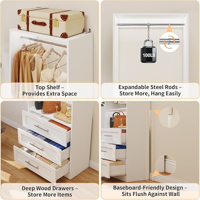 Closet System with 3 Drawers, 2FT-5FT Customizable Closet Organizer System with Hanging Rods& Shelves, Fits Small Walk-in Closet, Modular Closet Tower, Wooden Freestanding Closet Storage System, White