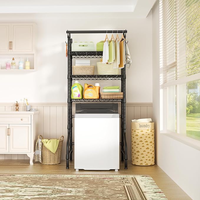 U11 Medium Over Washer and Dryer Shelves, 3 Tiers Laundry Room Storage and Organizer Standing Shelf, Metal Freestanding Clothes Drying Rack, 31.1”W x 19.7”D x 77.6”H, Black