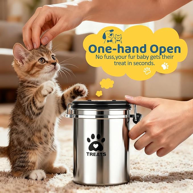 ENONCI Dog Treat Container Airtight- 7.2"x4.7" /1.8L Stainless Steel Cat Treat Jar for Kitchen Counter with Scoop, Pet Storage for Fresh Dog Cookie