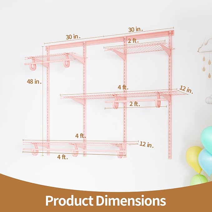 PROWORX 4-6 Ft. Expandable Closet Organizer System, Pink Custom Metal Wire Closet Shelving, Organizers and Storage Shelves Wall Mounted with Hanging Rods