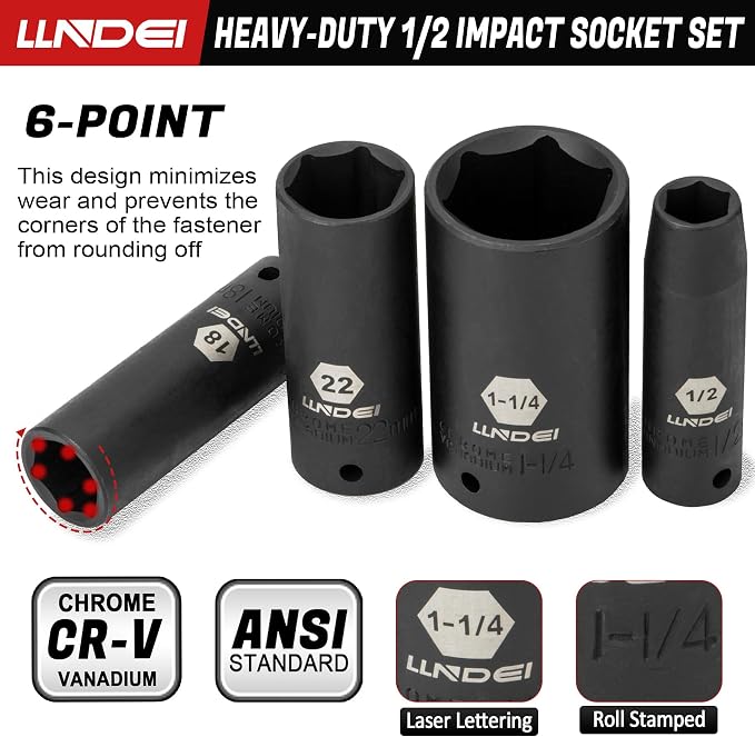 1/2" Drive Deep Impact Socket Set 37Pcs SAE/Metric CR-MO | 3/8"-1-1/4" & 8-24mm, Spark Plug 16/21mm, Universal Joint & Extensions, for Auto, Truck & Heavy Equipment