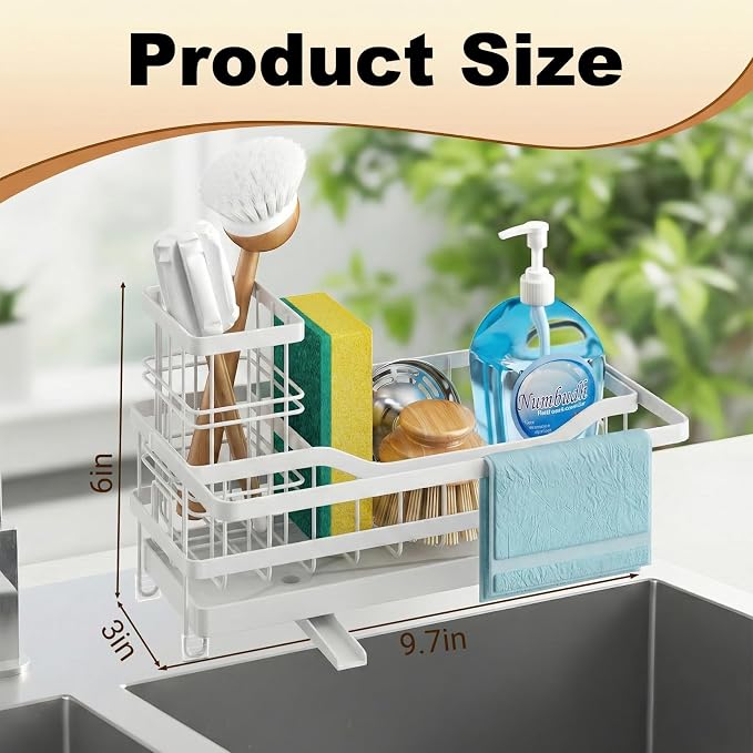 Sponge Holder for Kitchen Sink, Self-draining Sink Organizer with Towel Rack and Brush Holder, Metal Kitchen Sink Organizer for Countertop, White