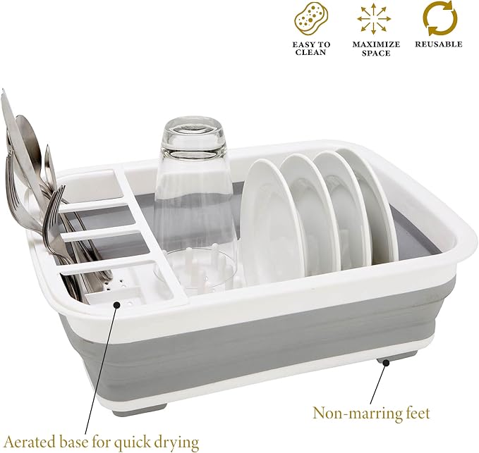 Kitchen Details Collapsible Dish Drying Rack | Space Saver | Aerated Bases Drain Holes | Plates, Bowls, Utensils Compartments | Countertop and Sink Storage | White/Grey