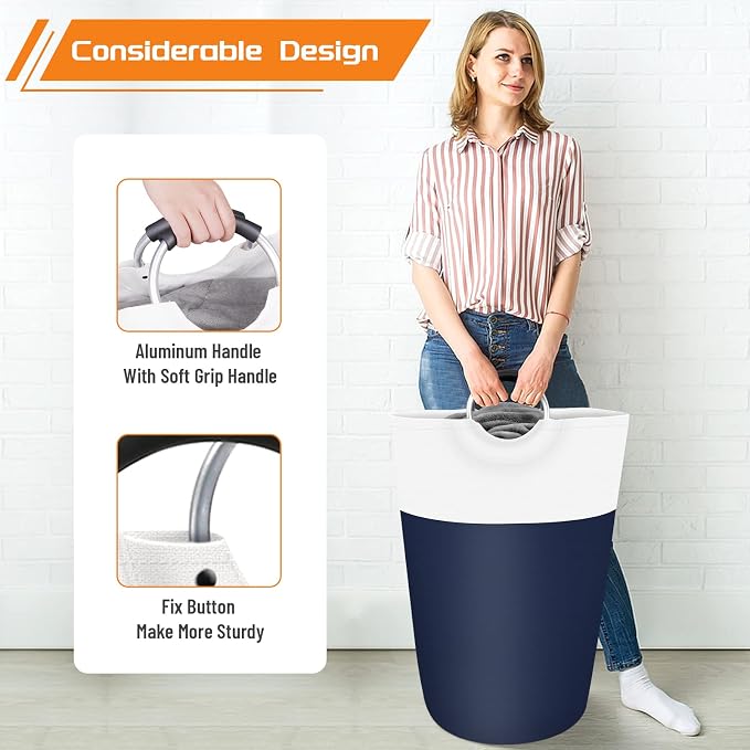 BlissTotes 75L Laundry Basket, Freestanding Collapsible Hamper, Blue | Collapsible Dirty Clothes Hamper, Foldable Laundry Bag for Dorm, Waterproof Fabric, Padded Aluminum Handles
