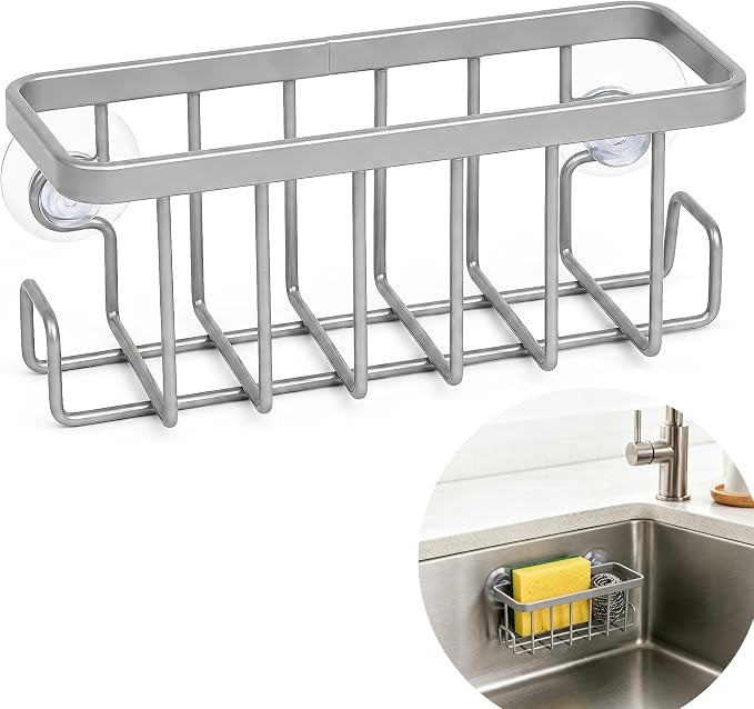 Sponge Holder for Kitchen Sink - Rustproof Coated Sink Caddy with 2 Side Hooks | Heavy Duty Suction Cup In-Sink Organizer for sponge, Scrubber & Stopper, Silver