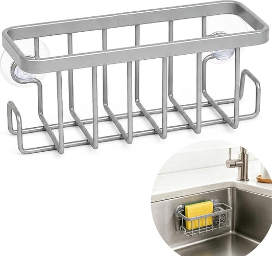 Sponge Holder for Kitchen Sink - Rustproof Coated Sink Caddy with 2 Side Hooks | Heavy Duty Suction Cup In-Sink Organizer for sponge, Scrubber & Stopper, Silver