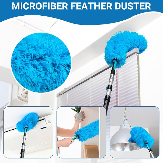 20FT High Ceiling Fan Duster with 5-12FT Extension Pole, Extendable Reusable Cobweb and Bendable Feather Duster Kit for Cleaning Spiderweb and Dust