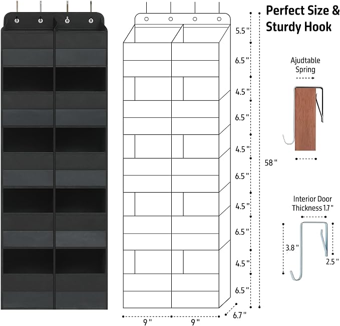 Giraffe Creation Black Over Door Organizer with 10 Large Clear Pockets, Double-Row Hanging Door Storage for Closet, Bathroom, Nursery, Bedroom, Dorm, Toys, Cosmetics, Baby Essentials