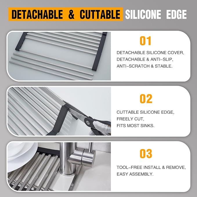 Foldable Over Sink Dish Drying Rack, 304 Stainless Steel Kitchen Drain Rack for Tableware, Detachable Silicone Edge, Rectangular Tubing (Brushed Nickel, 3 Fold 19.7" x 11.42")